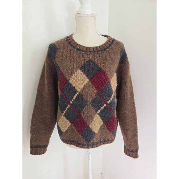 Geoffrey Beene Wool Vintage Argyle Preppy Crew Brown USA Sweater Womens Size M - Picture 1 of 11